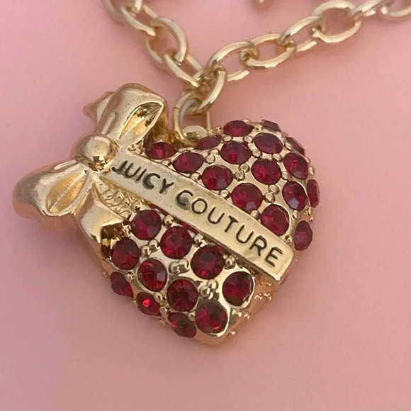 Juicy Couture Gold-Tone Ruby Red Rhinestone Heart Charm Necklace & Bow Earrings - Picture 5 of 9